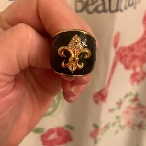 Black Enamel Ring with Gold Fleur-de-lis Design- size 7